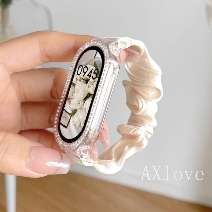 แฟชั่นสายรัดไนลอนเหมาะสําหรับ Xiaomi Mi Band 9 8 NFC Scrunchies Soft Solo ผ้าสร้อยข้อมือผู้หญิงสายรัดข้อมือยืดหยุ่น