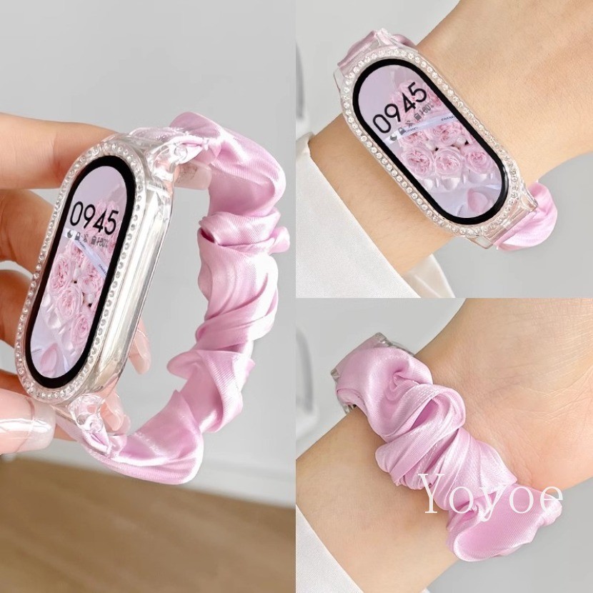 สายนาฬิกาไนลอนสําหรับ Xiaomi Mi Band 10 8 9 NFC สร้อยข้อมือผ้านุ่ม Scrunchie เปลี่ยนสายรัดข้อมือสาว Scrunchy