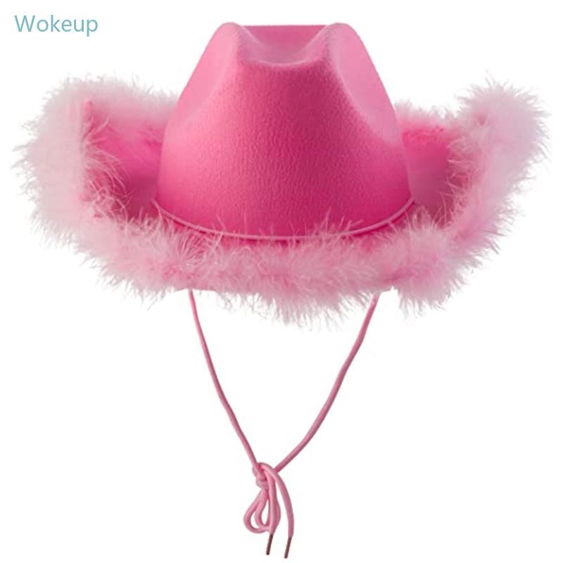 Wake แฟชั่นหมวก Cowgirl สีชมพู Fluffy Feather Brim หมวกคาวบอย Western หมวกคาวบอยสําหรับ Bachelorette Party Carnival คอสเพลย์