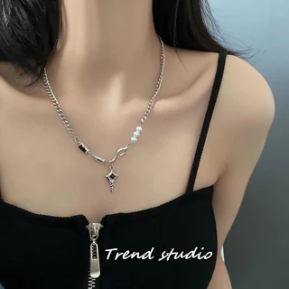 สร้อยคอพลอยสีดำครอสสตาร์ สร้อยคอแฟชั่น คอลเลคชั่นสร้อยคอสไตล์เกาหลี วัสดุเหล็กไทเทเนียมจะไม่ลอกหรือเปลี่ยนเป็นสีดำ