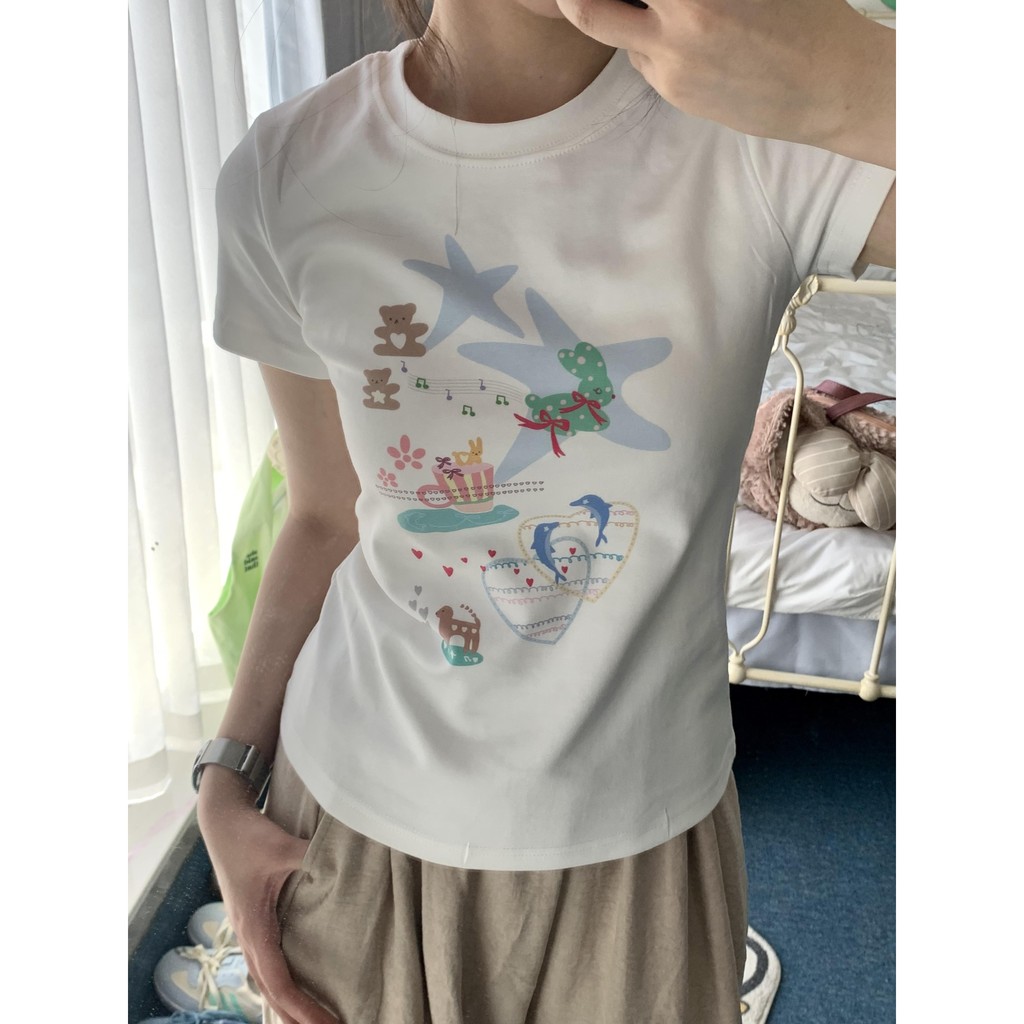 （ จัดส่งตลอด 24 ชั่วโมง ）Seely shop เสื้อยืดแขนสั้นพิมพ์ลายปลาโลมาน่ารักสไตล์เกาหลีฤดูร้อนสำหรับผู้หญิงสไตล์สาวร้อนสไตล์