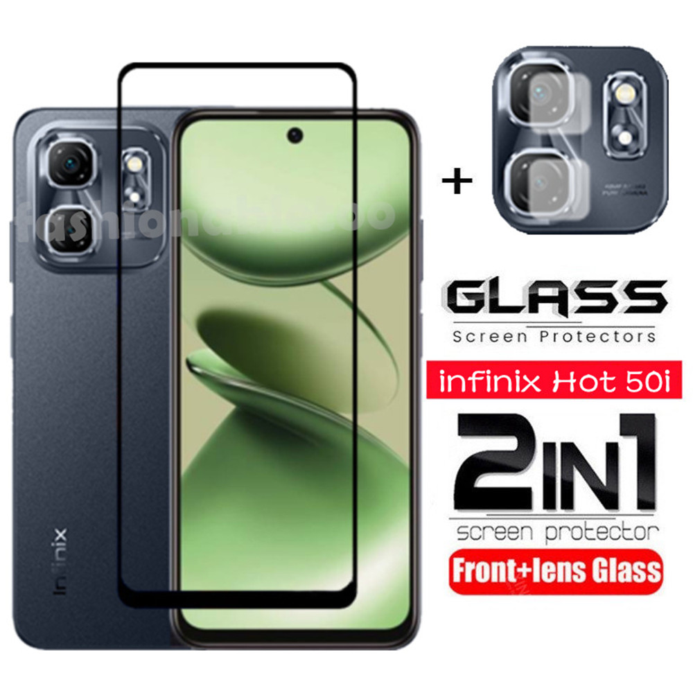 2 in 1 ป้องกันหน้าจอกระจกนิรภัยฟิล์มสําหรับ infinix Hot 50 i 50i 50pro + 50proplus 40 pro 40pro Hot50 i Hot50i Hot40pro Hot40i กล้องกลับเลนส์ป้องกันคลุมทั้งหมดฟิล์มด้านหน้า