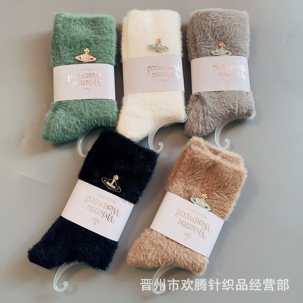สินค้าใหม่ญี่ปุ่น Queen West Saturn ถุงเท้าผู้หญิงMinkขนแกะกลางหลอดหวานInfluencer Sleepingถุงเท้าน่ารักหนาฤดูใบไม้ร่วงฤดูหนาว