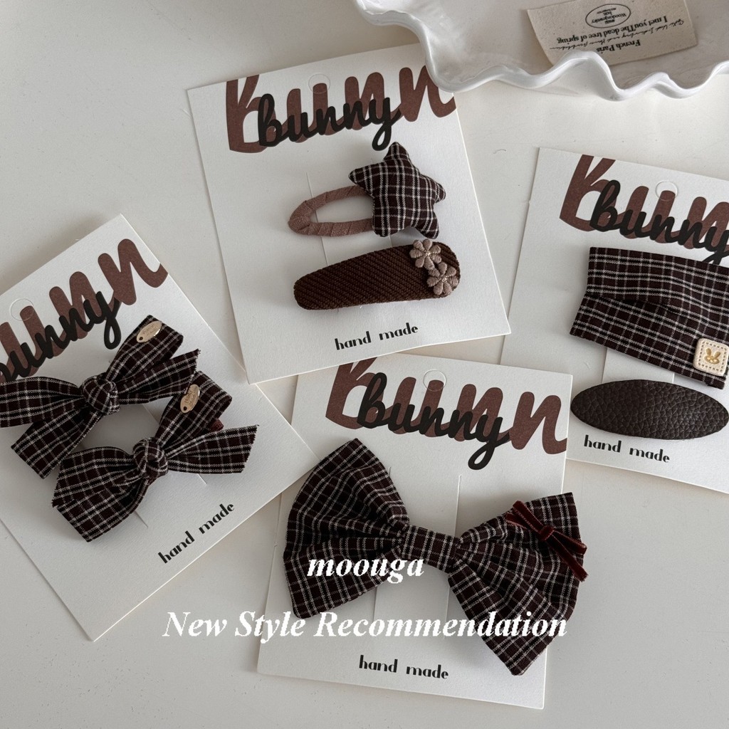มูกา/สีกาแฟ ชุด ผ้าสไตล์ใหม่ลายสก๊อตโบว์หวานกิ๊บติดผมน่ารักสไตล์ใหม่หน้าม้าคลิป BB คลิปคลิปด้านข้างเครื่องประดับผม