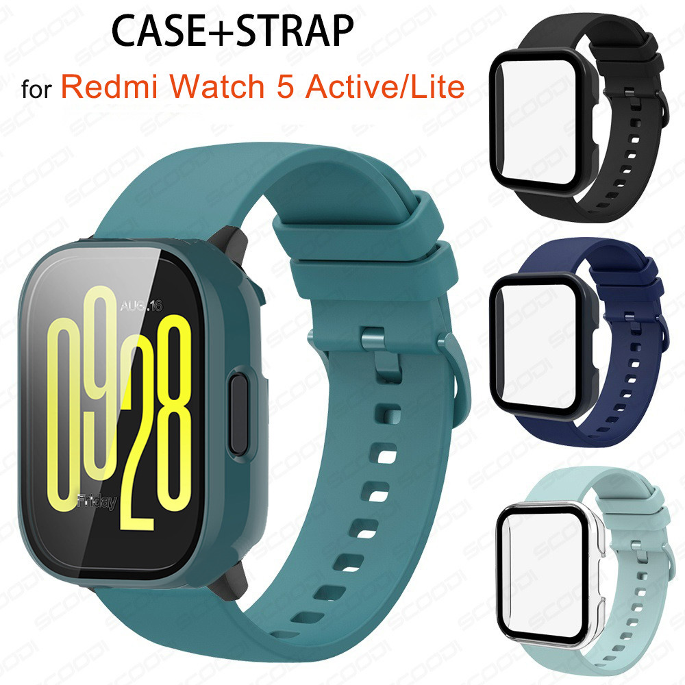 สายซิลิโคนสําหรับเล่นกีฬาพร้อมเคสป้องกันกระจกสําหรับ Redmi Watch 5 Active Lite สายนาฬิกาอัจฉริยะ