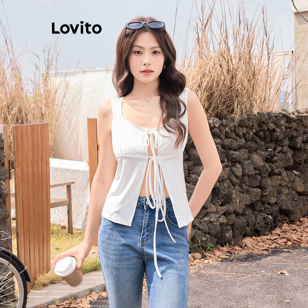 Lovito เสื้อกล้ามลูกไม้ธรรมดาสำหรับผู้หญิง L105MD050