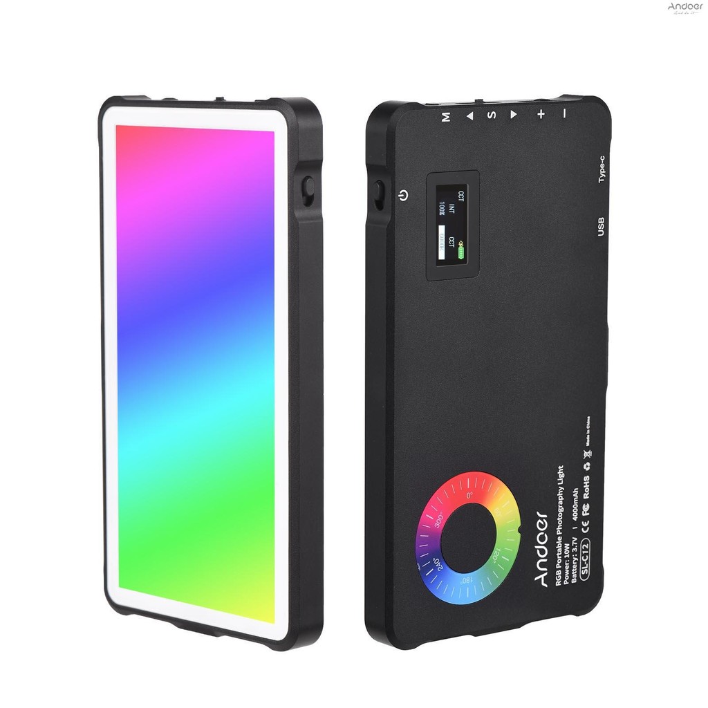 Andoer ไฟวิดีโอ RGB กระเป๋า LED เติมแสง 2500K-9000K หรี่แสงได้ 24 เอฟเฟกต์แสง CRI95 + แบตเตอรี่ในตัวพร้อมอะแดปเตอร์รองเท้าเย็นสําหรับ Vlog สตรีมมิ่งสดวิดีโอ Conference