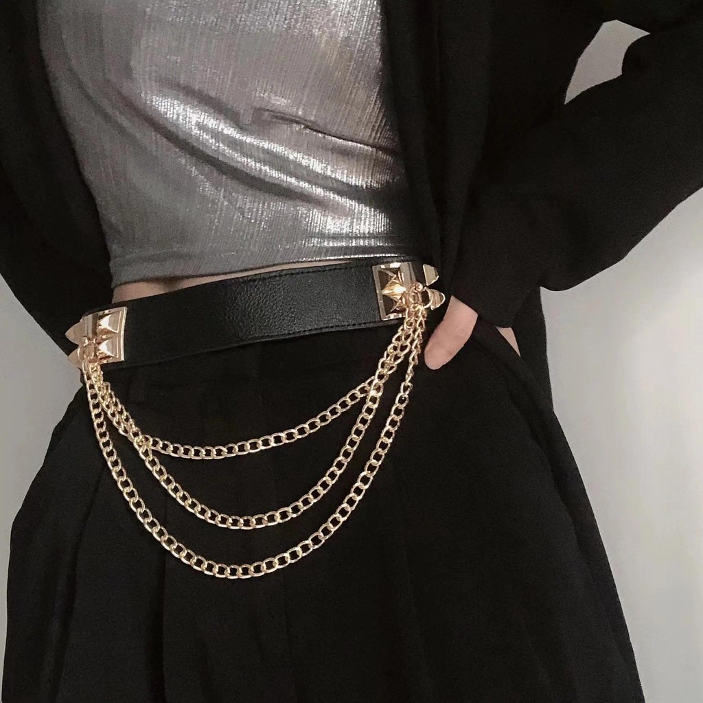 Multilayer Gold Metal Chains เข็มขัดผู้หญิง PU หนังเอวยางยืดเซ็กซี่ Slim Corset Girdle Punk Rivet สายรัดเอวกว้าง