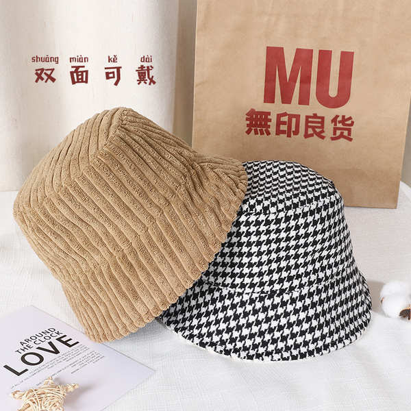 หมวกบักเก็ต หมวกไปทะเล หมวกชาวประมง MUJI ผู้หญิงฤดูใบไม้ผลิและฤดูใบไม้ร่วงสองด้านสามารถสวมหมวกผ้าลูก