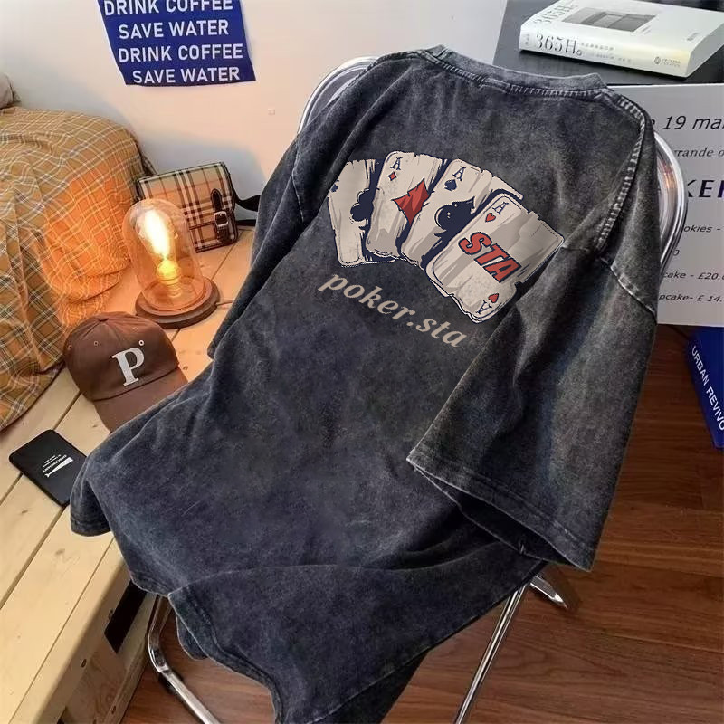 Qkoole เสื้อยืดฟอก oversize ผ้าคอตตอน100% เล่นไพ่ย้อนยุค L000065