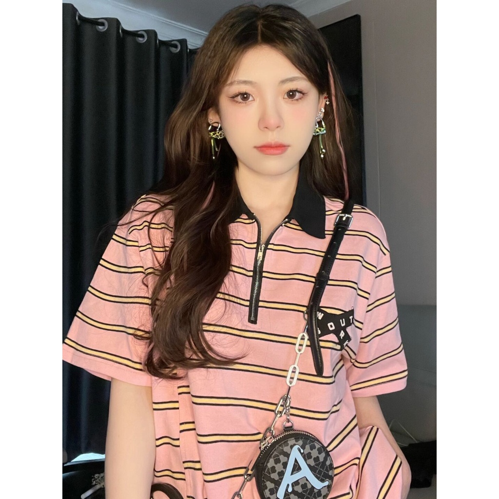 ส่งไวจากไทย SELLDA M-2XL เสื้อโปโล แขนสั้น เสื้อยืด ผู้หญิง ลายทาง เสื้อสาวอวบ ลายพิมพ์ เกาหลี โอเวอร์ไซส์