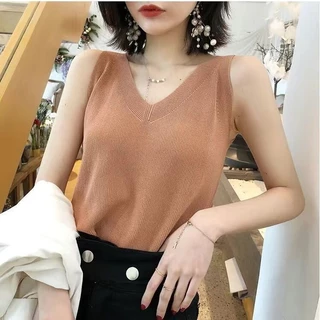 K ถัก Camisole ผู้หญิงสีทึบคอวีแขนกุด Halter Bottoming เสื้อ
