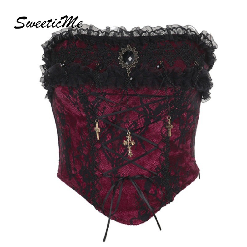 Sweeticme ผู้หญิง 2024 ฮาโลวีนแฟชั่นใหม่เซ็กซี่ลูกไม้ Slim Fit ไม่สม่ําเสมอ Tube Tops