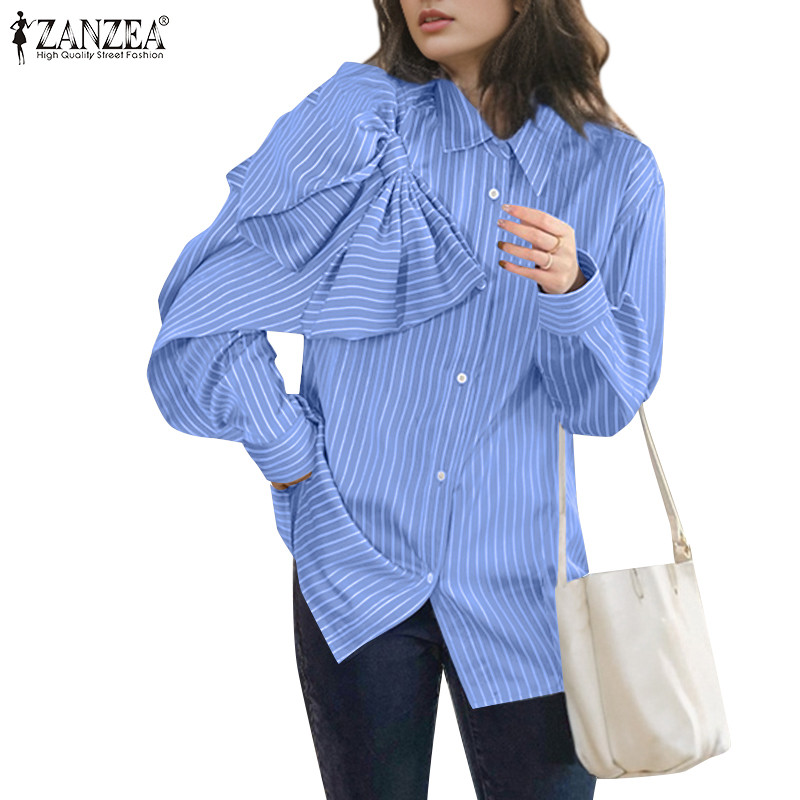 ZANZEA ใส่ ซานเซีย ผู้หญิงเกาหลีที่สง่างามหลวมแขนยาววางไหล่ลายนัวเนียเสื้อ