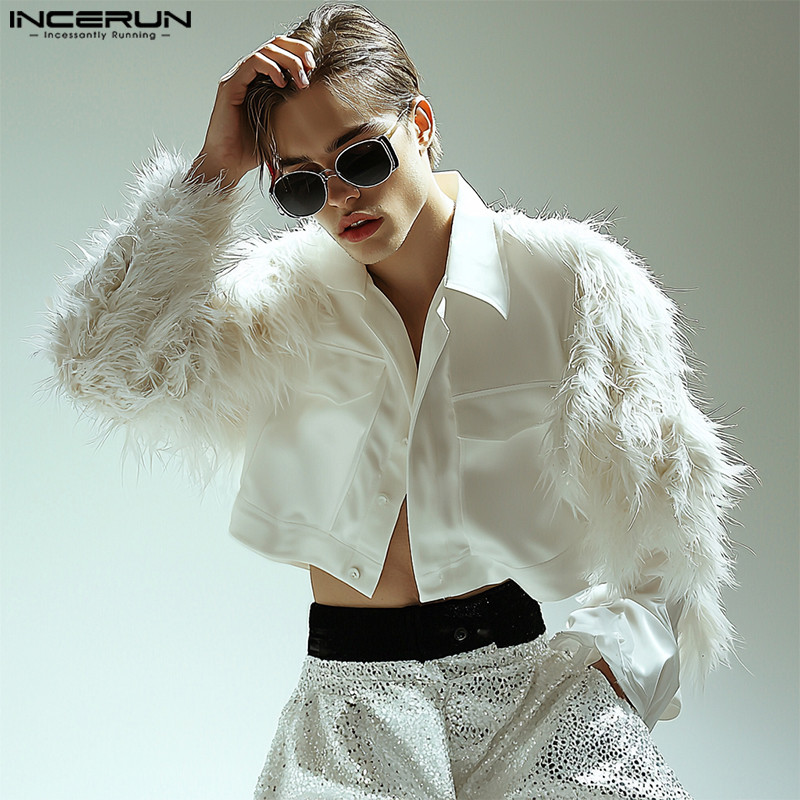 Incerun เสื้อเชิ้ตแขนยาวแฟชั่นวินเทจหลวม Feather Spliced