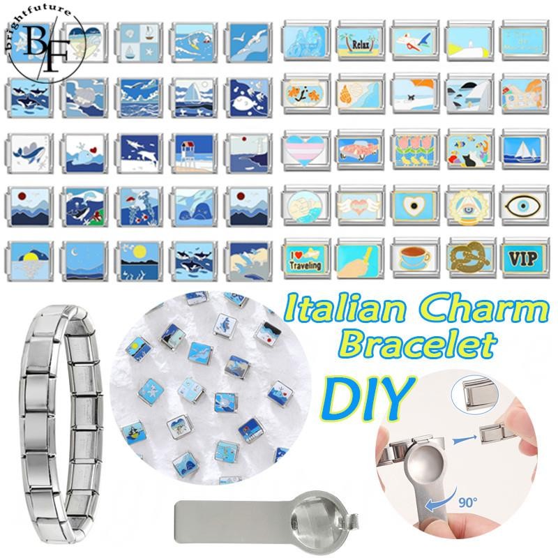 100 รุ่น Sky Blue Series อิตาเลี่ยน Charm สร้อยข้อมือ Fit 9 มม.สร้อยข้อมือสแตนเลส DIY เครื่องประดับทําอุปกรณ์เสริม Retro บุคลิกภาพโมดูลสร้อยข้อมืออุปกรณ์เสริม
