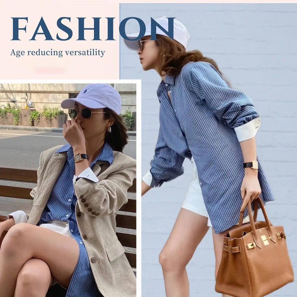 KOKO#เสื้อเชิ้ตโปโลคอปกแขนยาวลายทางสีน้ำเงินย้อนยุคสำหรับบากญิงเสื้อหลวมและใช้งานได้หลากหลาย #w502