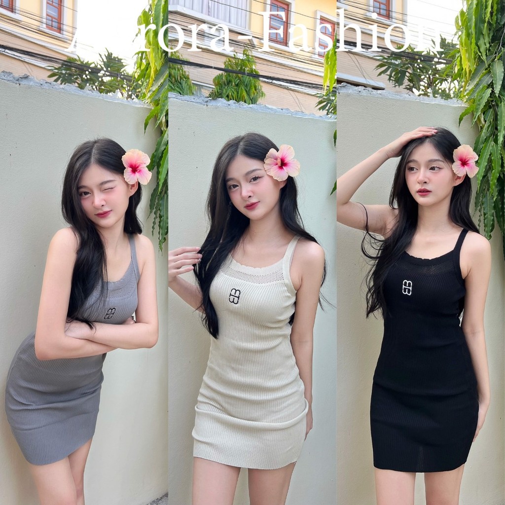 Aurora พร้อมส่ง (รูปถ่ายจากงานจริง) ชุดเดรสไหมพรม มินิเดรสสายเดี่ยว สีพื้นยืดกำลังดี 3สี เดรสกล้าม