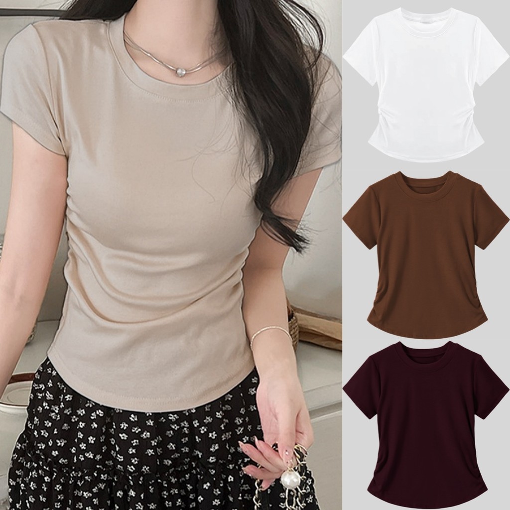 Suysuy พร้อมส่ง เสื้อยืด แขนสั้น คอกลม แต่งจีบย่นข้าง ทรงสวย เข้ารูป สีพื้น สไตล์ลำลอง ผ้าเรยอน นุ่มยืด สวมใส่สบาย