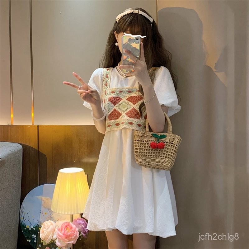 White Puffy Skirt Dress French Style Puff Sleeves 2022 Princess Dress New Style Summer Slimmer Look 