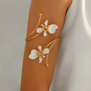 LITTLEX สร้อยข้อมือดอกไม้, เคลือบเคลือบหัตถกรรมสีทองดอกไม้เปิดข้อมือ Armlet, Vintage โลหะเปิดแหวนของขวัญ
