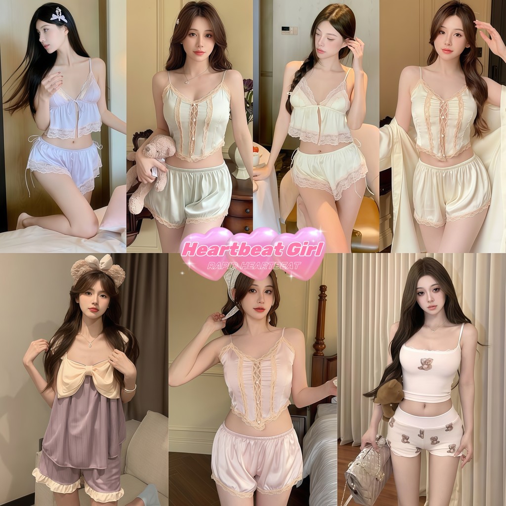 【Heartbeat Girl】~ ชุดนอนเซ็กซี่ หลากหลายรูปแบบและดีไซน์ เสื้อตัวบน+กางเกงขาสั้น เซ็กซี่และหวาน คุณภาพสูง สายเอี๊ยมชุดนอน