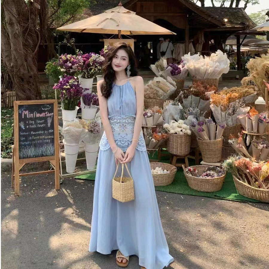 XUWEN กรกฎาคมชุดผมตรงสไตล์อ่อนโยนอารมณ์วันหยุด Halterneck Slim-fit เสื้อกั๊กชุดเสื้อผ้าผู้หญิง 2025 