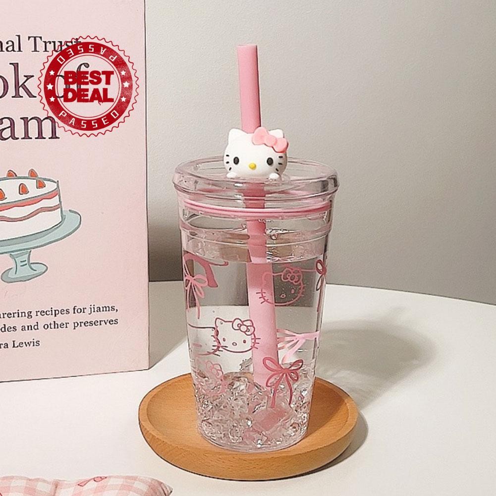 การ์ตูนน่ารักสีชมพู Kt Cat ถ้วยฟางสาว 450ml ถ้วยพลาสติกความจุขนาดใหญ่น้ําดื่ม Z9d5