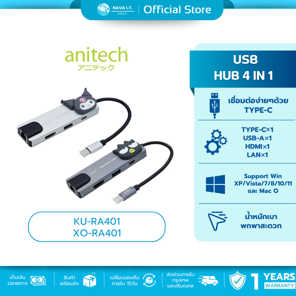🛵มีส่งด่วน💨 ANITECH X Sanrio อุปกรณ์ต่อพวง USB HUB รุ่น KU-RA401 และ XO-RA401