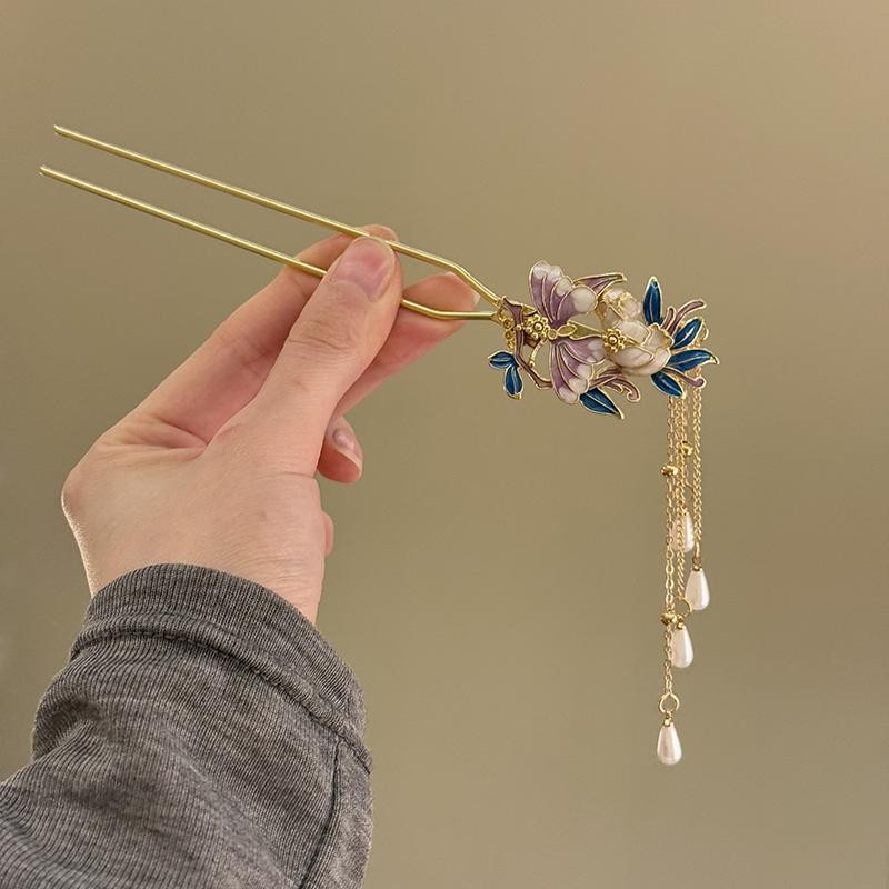 สไตล์โบราณ Hanfu Cheongsam ขั้นตอนเขย่า Burnt Blue Hairpin สไตล์ Tang สไตล์เพลง All-Match อุปกรณ์เสริม Hairpin หญิง Palace สไตล์ Hairpin Headdress - รูปที่ 4