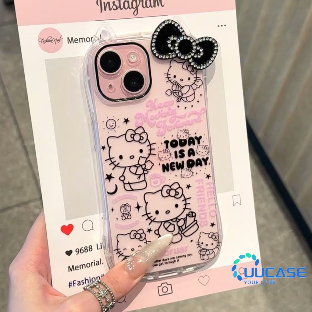 แฟลชเพชรสีดํา Bowknot Star Line Cat เคสโทรศัพท์สําหรับ iPhone 16 16promax 16pro 16plus 15romax 14 สอดใส่สูงหูแมว 13pro 12 น่ารักผู้หญิง 11 ซิลิโคน Fall proof TED