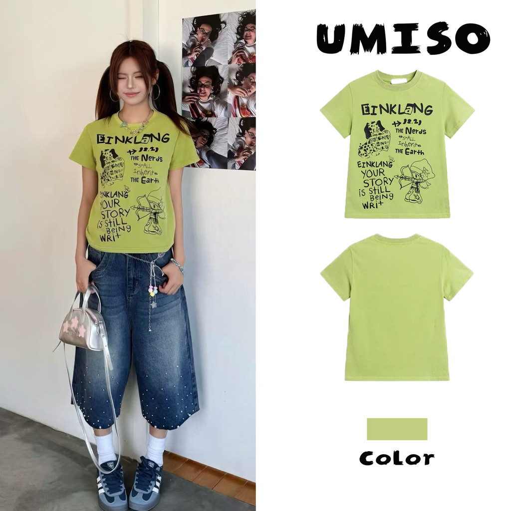 พร้อมส่ง  สไตล์เกาหลี เสื้อยืดผู้หญิง พิมพ์ลาย เสื้อยืดคอกลมแฟชั่นย้อนยุคสไตล์อเมริกันUmiso