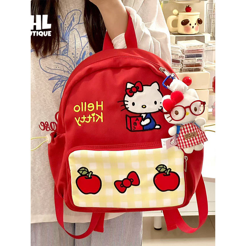 LHL BOUTIQUE  กระเป๋าเป้ hello Kitty สีแดง น่ารัก การ์ตูน อเนกประสงค์ กระเป๋าเรียนมหาลัย