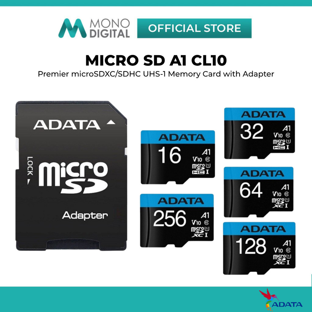 ADATA Premier Micro SD Card 32GB 64GB 128GB 256GB พร้อมอะแดปเตอร์ - A1 V10 100MB/s การ์ดหน่วยความจํา