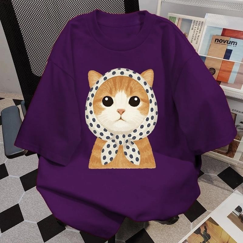 【My-T】 เสื้อม่วง เสื้อยืดเย็นเ สื้อยืด oversize รูปแบบถนน โคตรนุ่ม ผ้าคอตตอน ลาย “Hooded CAT” สินค้าใหม่