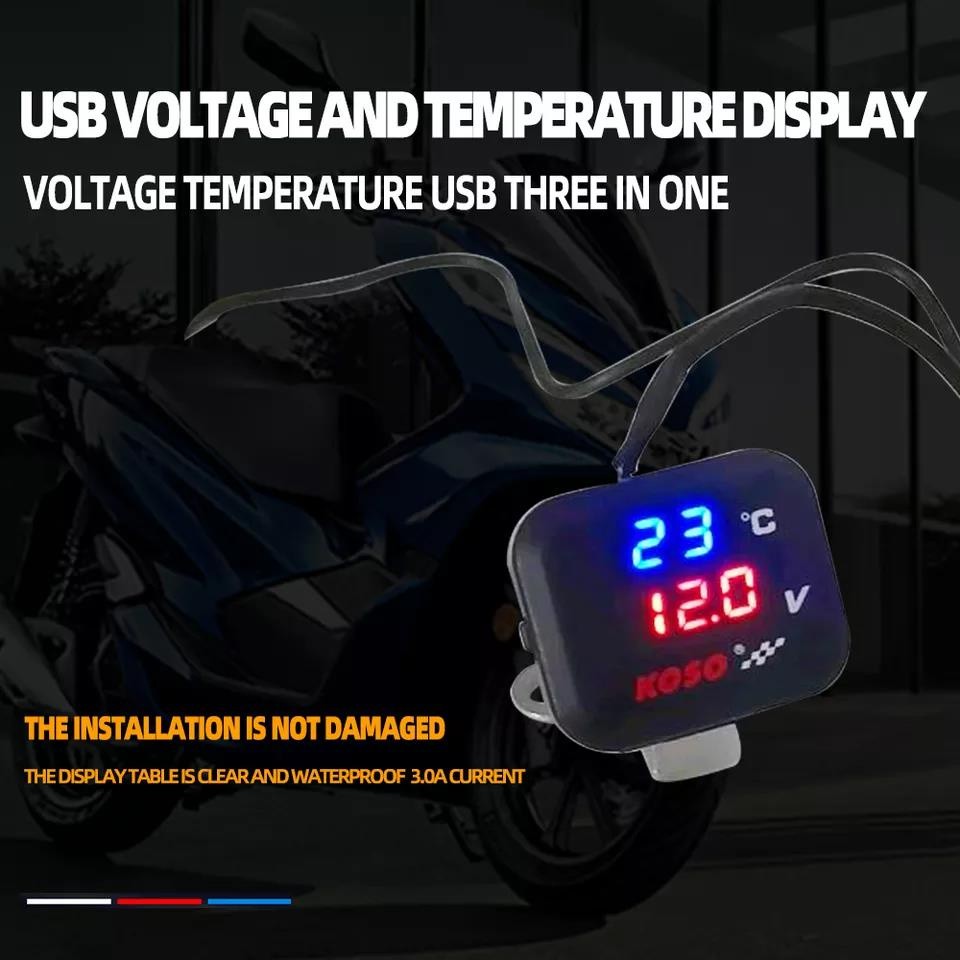 WA Motorcycle KOSO Thermometer Voltmeter Gauge Voltage Temperature Display With USB Charge For YAMXH