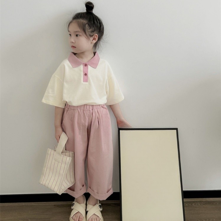 [kumi] 2025 ชุดสูทสาวฤดูร้อนสไตล์กระโหลก|90-150 เด็กขนาดกลางขนาดเล็กเสื้อโปโลด้านบนหลวมกางเกงลําลองช