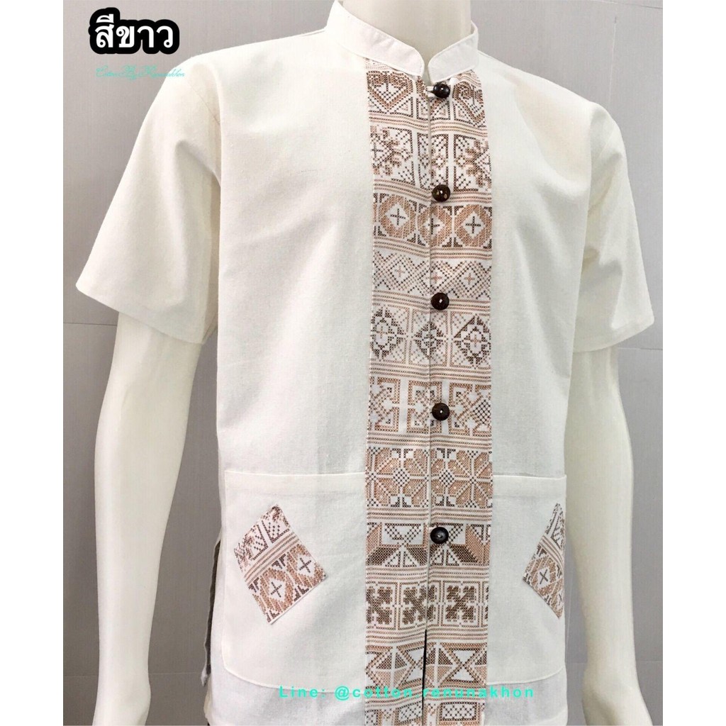 เสื้อผ้าฝ้าย-คอจีนแขนสั้น-สีขาว - รูปที่ 2