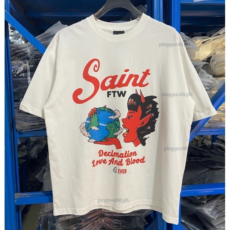 เสื้อยืดวินเทจแขนสั้นแบบหลวม สไตล์ปีศาจพิมพ์