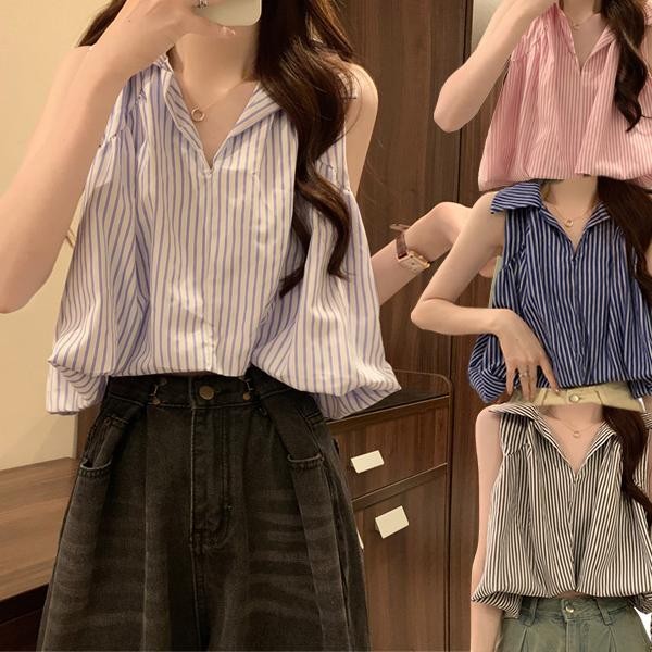 Red Berryเสื้อเชิ้ตแขนสั้นลายทางหลวมสไตล์เกาหลีสำหรับผู้หญิงช่วงฤดูร้อนW586 – โปรปัง