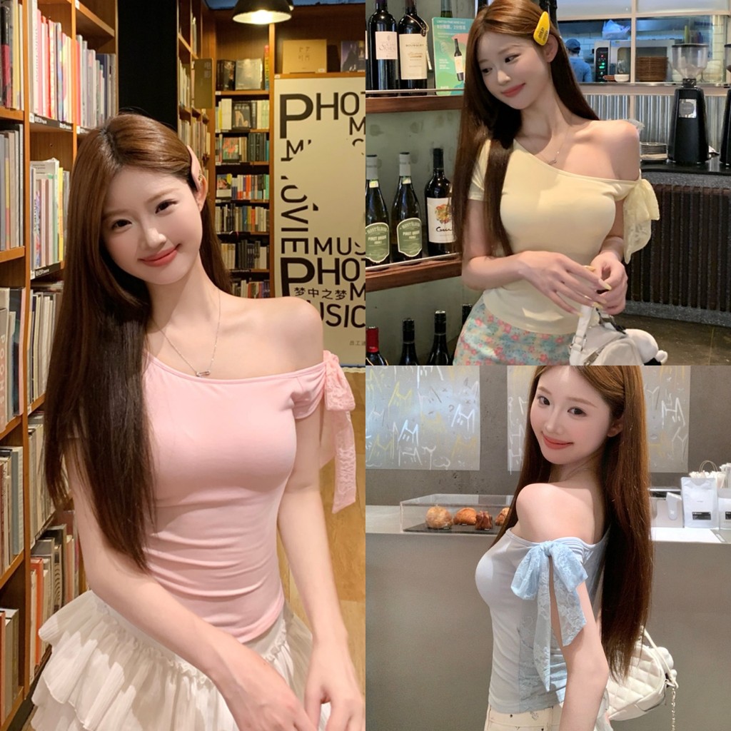 🥥Evelyn🥥เสื้อแขนสั้น สีทึบ ผ้าใส่สบาย เปิดไหล่ แต่งสายลายลูกไม้สีพาสเทล ผู้หญิงเสื้อยืด แฟชั่น ใส่สบาย ฤดูร้อน