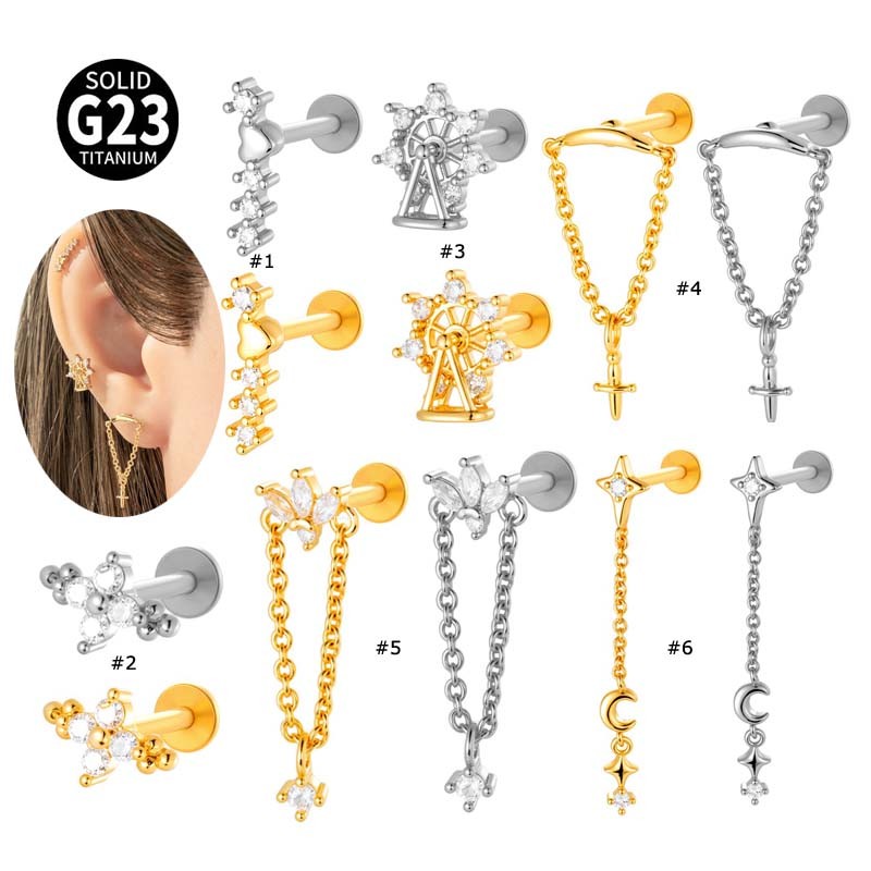 ต่างหู titanium แบบ stud ก้านแบน ขนาด 16 gauge สำหรับเจาะHelix, Pinna, Lobe