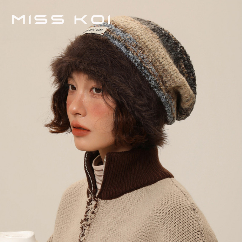 MISSKOI Plush Baotou ถักหมวกกองผู้หญิงดูขนาดเล็กฤดูใบไม้ร่วงฤดูหนาว Cold-Proof Warm All-Match หมวกขนสัตว์