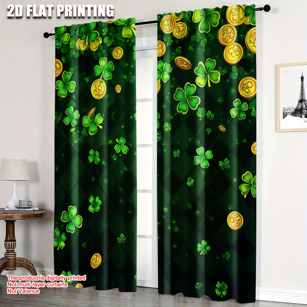 2 ชิ้น St. PatrickS Day Curtain Green Clover Shamrock Gold Coins Irish St PatrickS Day Curtain Machi