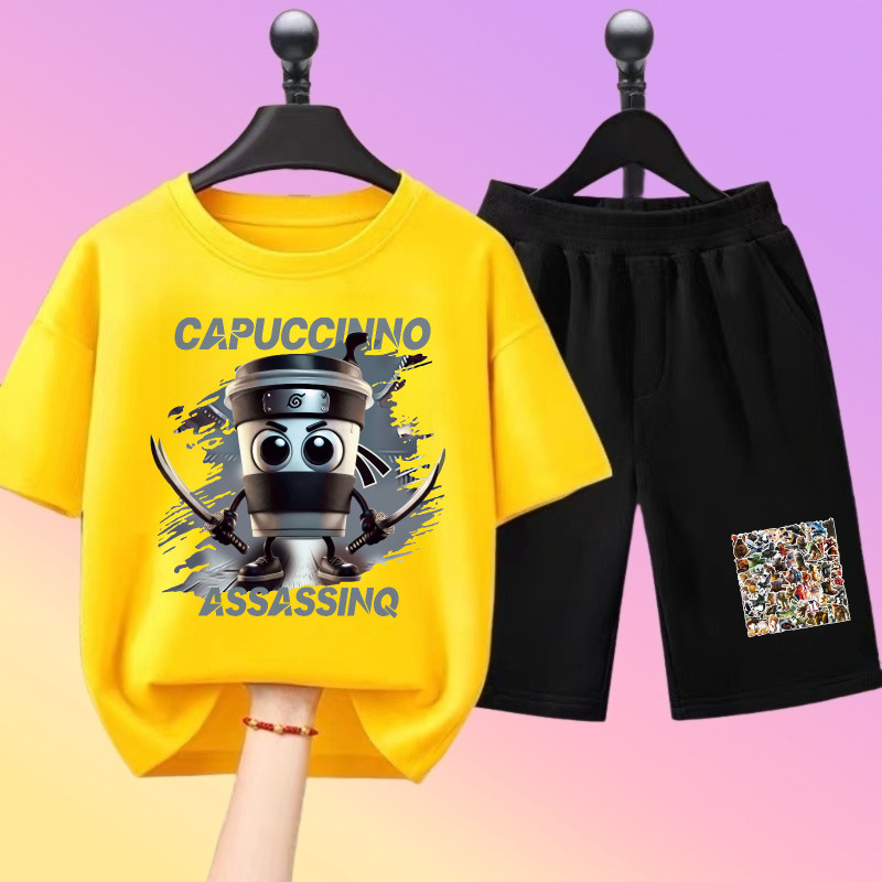 ชุดเสื้อยืดและกางเกงขาสั้นเด็ก เสื้อยืดแขนสั้นสำหรับเด็ก Italian Brainrot tung tung tung sahur สำหรับเด็กผู้ชาย