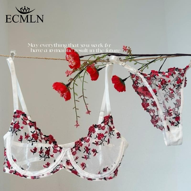 ECMLN Bra และชุดชั้นในสไตล์ฝรั่งเศส ตาข่ายและเสื้อยีนส์ปักลายดอกไม้ หวานเซ็กซี่สำหรับโอกาสพิเศษ
