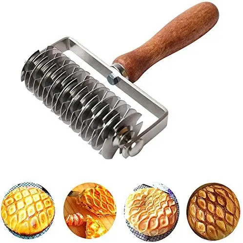 Stainless Steel Dough Lattice Pizza Dough Roller Cutter Wood Handle Crust Roller Cutter Top Lattice 