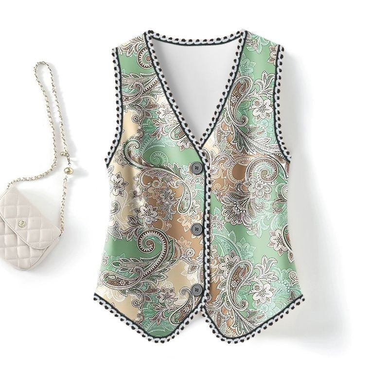 แจ็คเก็ตปุ่มบางแฟชั่นพิมพ์แขนกุด修扣款外套洋气印花无线短袖显瘦外穿身显瘦外穿身气质感开衫820Z