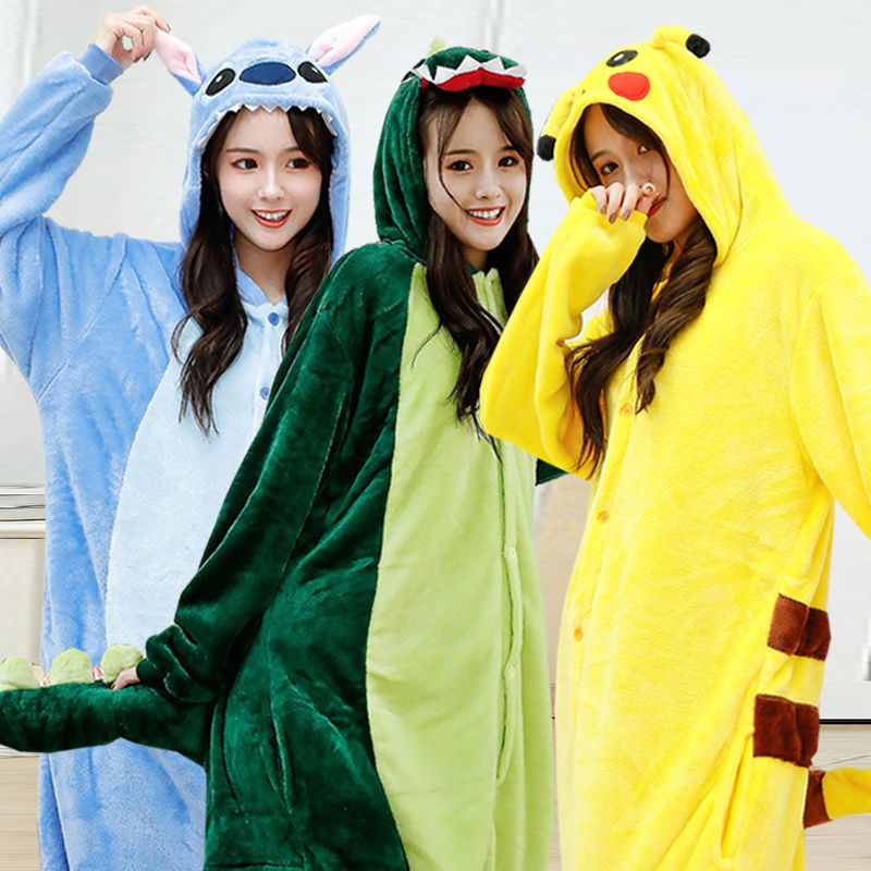 น่ารักการ์ตูนคู่ชุดนอนชิ้นเดียวขนแกะปะการังฤดูใบไม้ร่วงและฤดูหนาวหนาสัตว์ ชุดบ้าน ไดโนเสาร์ชุด