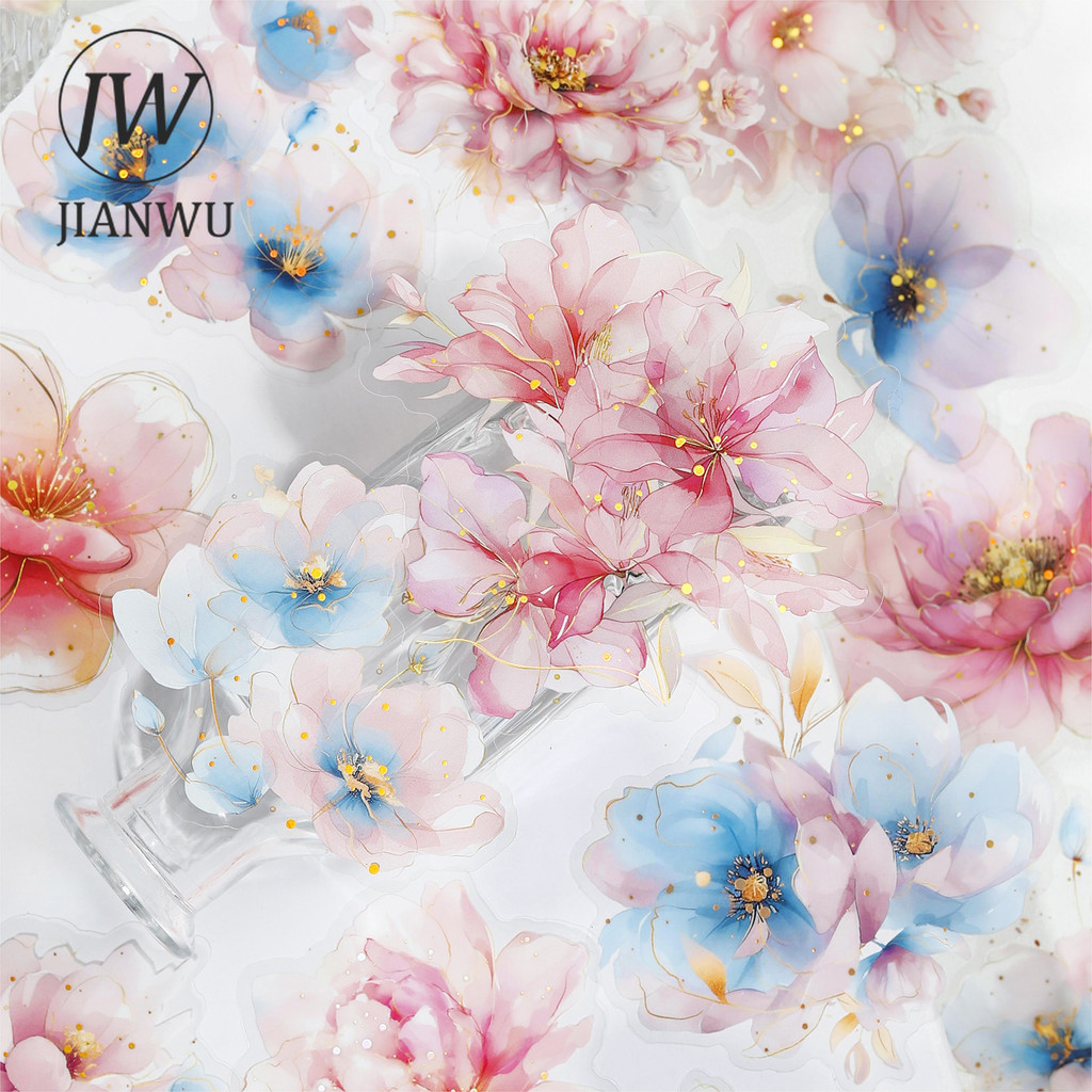 Jianwu Translucen ดอกไม้ Series Vintage ดอกไม้ Bronzing วัสดุ Collage PET สติกเกอร์ Creative DIY Journal เครื่องเขียน